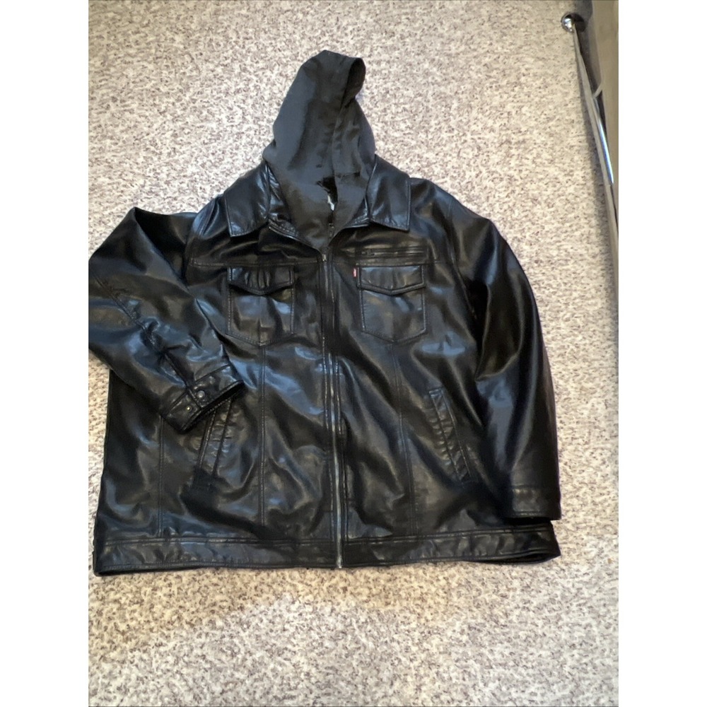 Levi's Faux Leather Motorcycle Jacket Men's Sz 4XL Black Fleece Lining Hooded